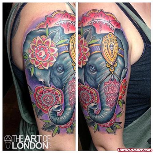 Mandala Flowers And Elephant Head Tattoo On Half Sleeve