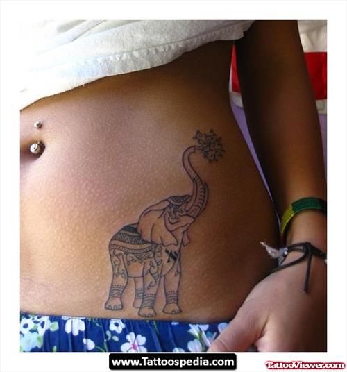 Indian Elephant Up Trunk Tattoo On Hip