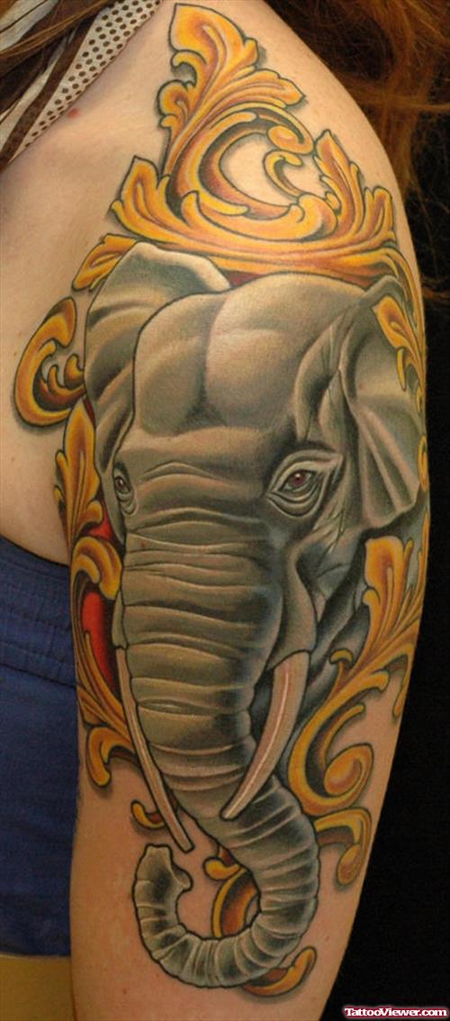 Elephant Head Tattoo On Left Half Sleeve