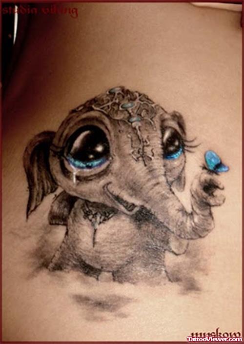 Blue Butterfly And Elephant Tattoo