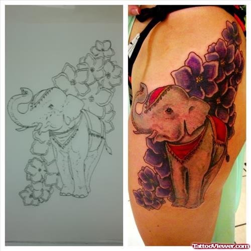 Purple Flowers And Elephant Tattoo