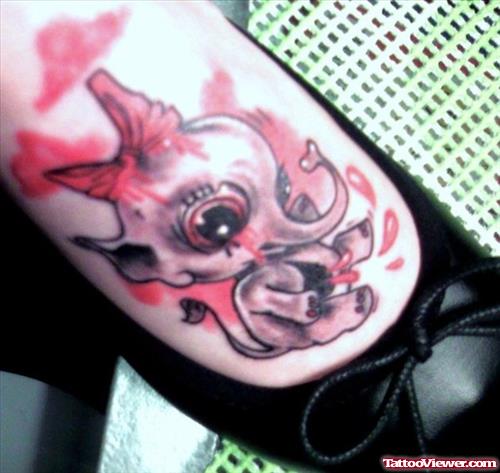 Elephant With Bow On Head Tattoo On Right Foot