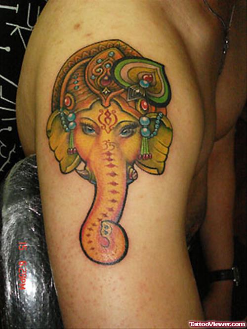 Colored Elephant Head Tattoo On Man Right Shoulder