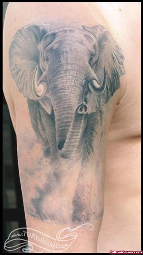Realistic Grey Elephant Tattoo On Half Sleeve