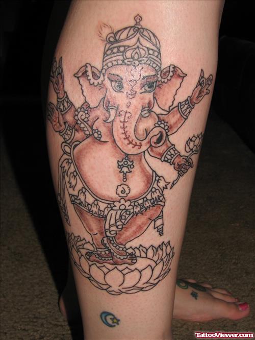 Lord Ganesha On Lotus With Elephant Head Tattoo On Leg