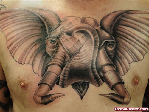 Grey Ink War Elephant Tattoo On Chest