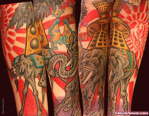 Grey Ink Dali Elephant Tattoo On Sleeve