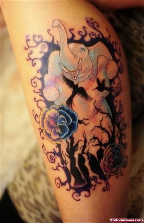 Flowers And Elephant Tattoo