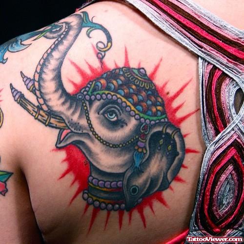 Elephant Head Tattoo On Left Back Shoulder