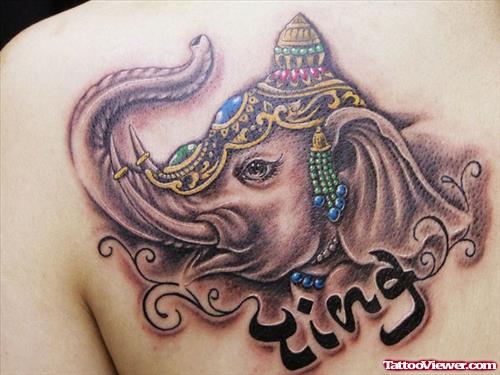 Attractive Grey Elephant Head Tattoo On Back Shoulder