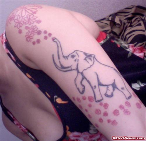 Small Daisy Flowers And Up Trunk Elephant Tattoo On Half Sleeve
