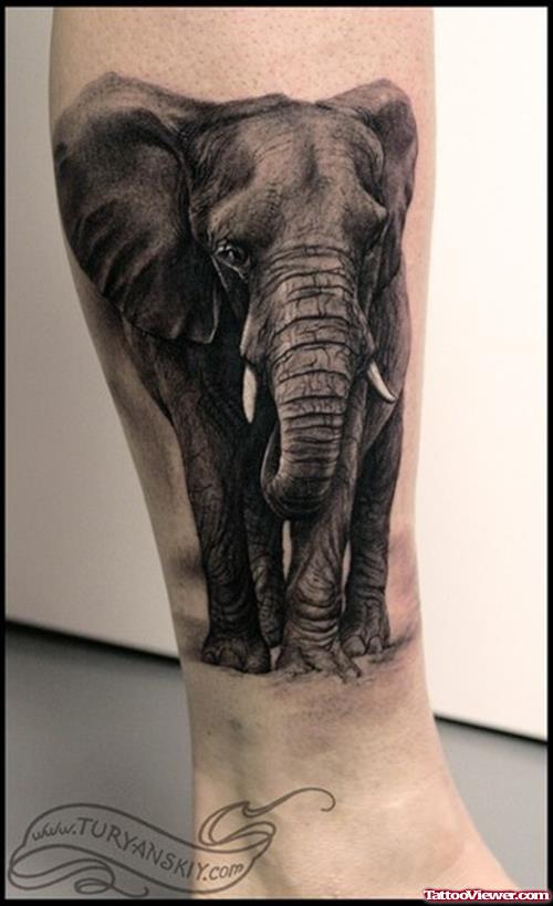 Grey Ink Elephant Tattoo On Leg