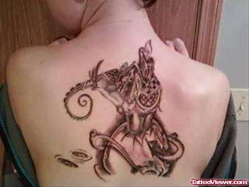 Grey Elephant Tattoo On Girl Back Body