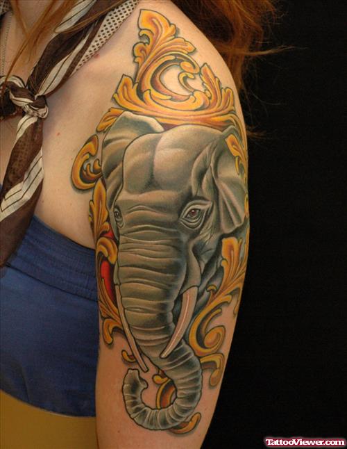 Grey Elephant Head Tattoo On Girl Left Half Sleeve