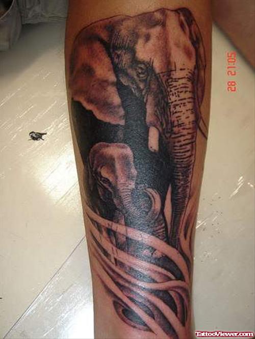 Dark Ink Mother Elephant And Baby Elephant Tattoo