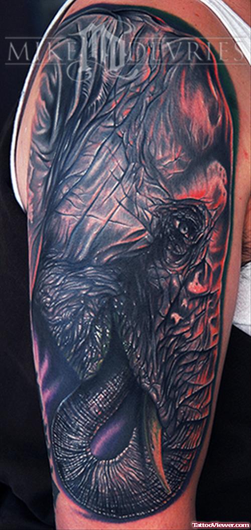 Dark Ink Elephant Head Tattoo On Half Sleeve
