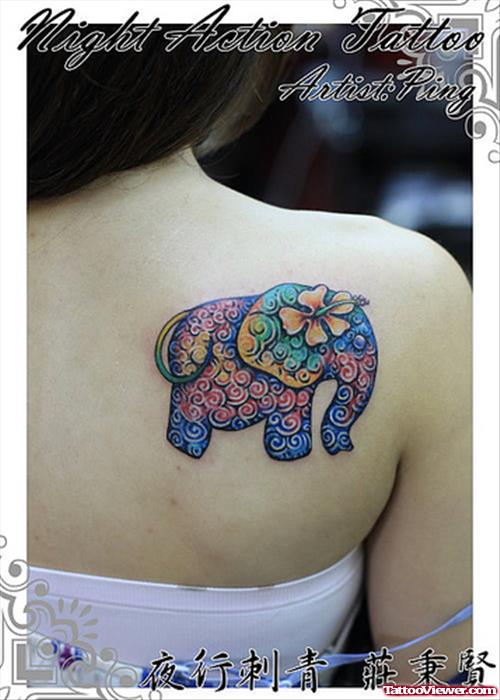 Colored Flowers Back Shoulder Elephant Tattoo