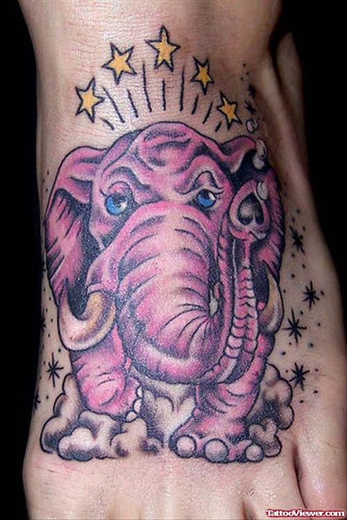 Stars And Elephant Tattoo On Left Foot