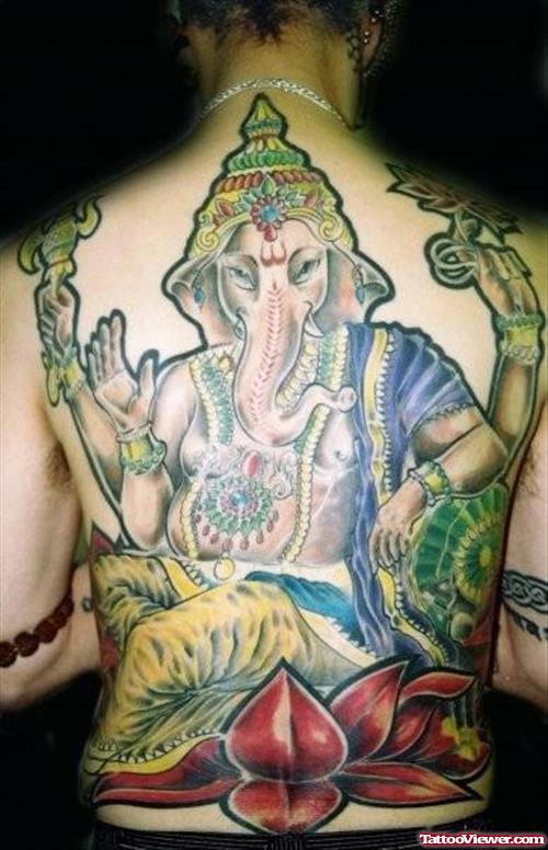 Lotus Flower And Elephant Tattoo On Back
