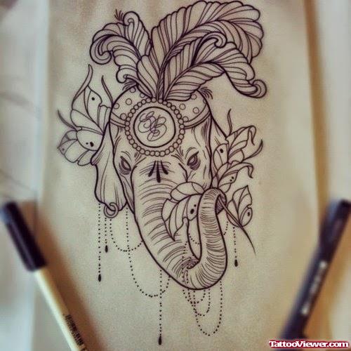 Feather On Elephant Head Tattoo Design