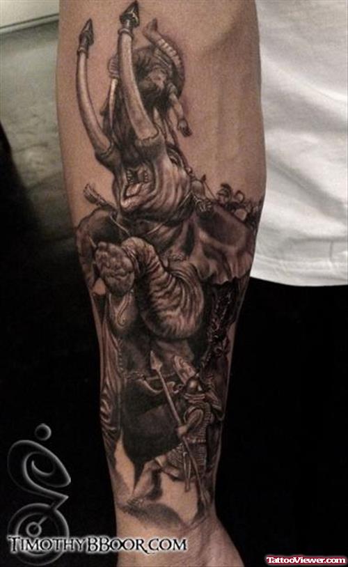 Warriors And Elephant Tattoo On Left Sleeve