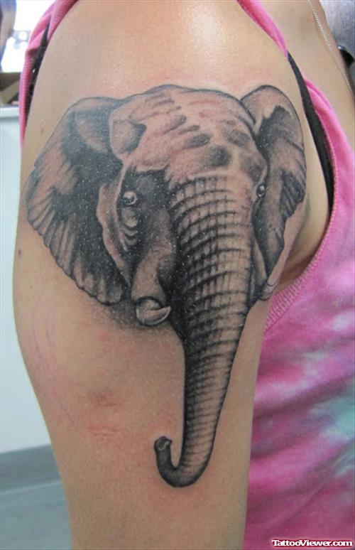 Simle Grey Ink Elephant Head Tattoo On Shoulder
