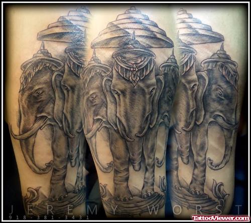 Grey Three Headed Elephant Tattoo