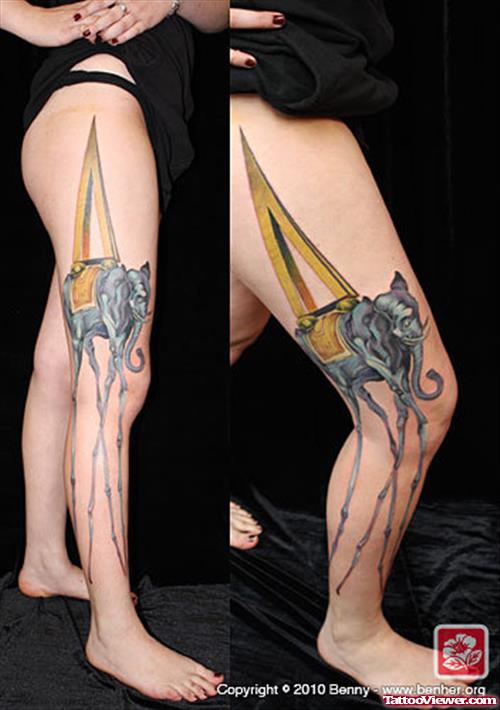 Dali Elephant Tattoo On Right Leg