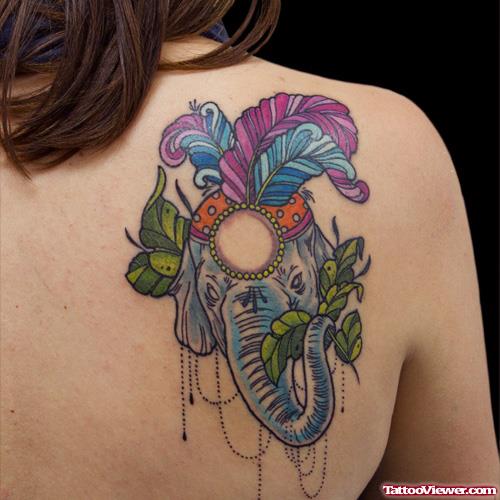 Quality Colored Elephant Tattoo On Back Shoulder