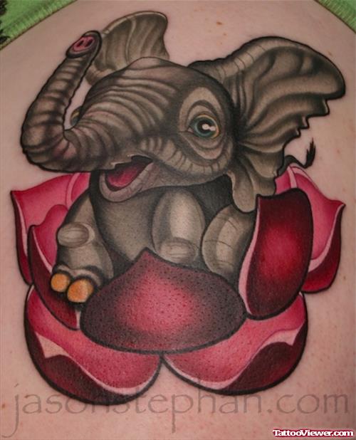 Elephant Sitting In Red Lotus Colored Tattoo