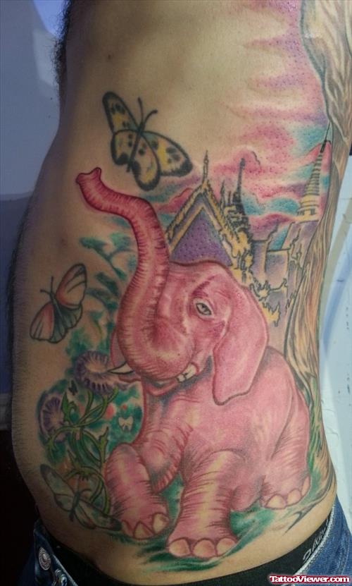Colored Butterflies And Elephant Tattoo On Man Side Rib