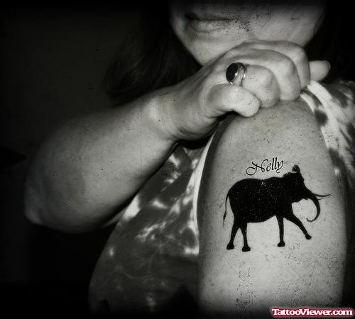 Black Elephant Tattoo On Left Shoulder