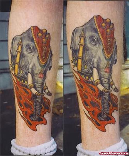 Asian Elephant Tattoo On Leg