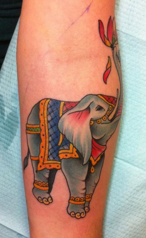 Colored Elephant Tattoo On Left Arm