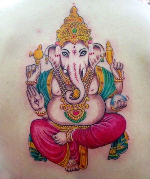 Awesome Colored Lord Ganesha Tattoo On Back