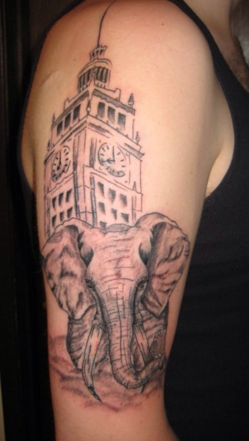 Clock House And Elephant Head Tattoo On Right Half Sleeve