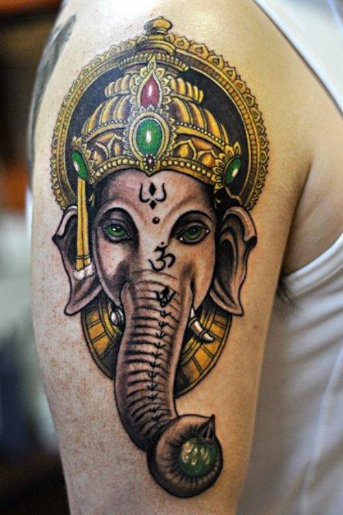 Colored Elephant Ganesha Head Tattoo On Shoulder