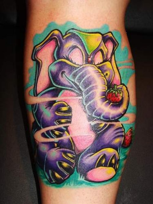 Awesome Colore Elephant Tattoo With Strawberry