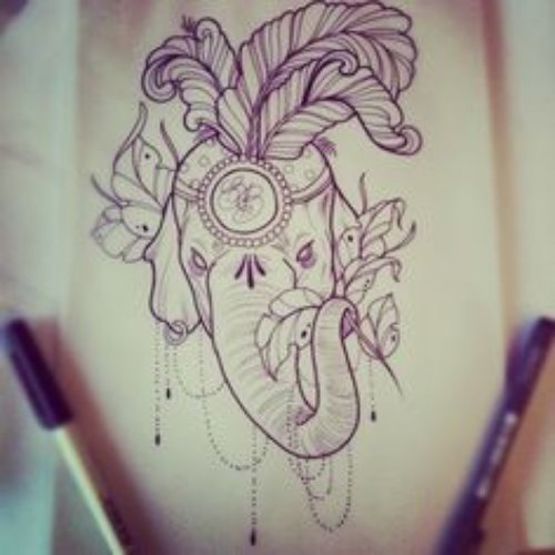Amazing Feather Elephant Head Tattoo Design