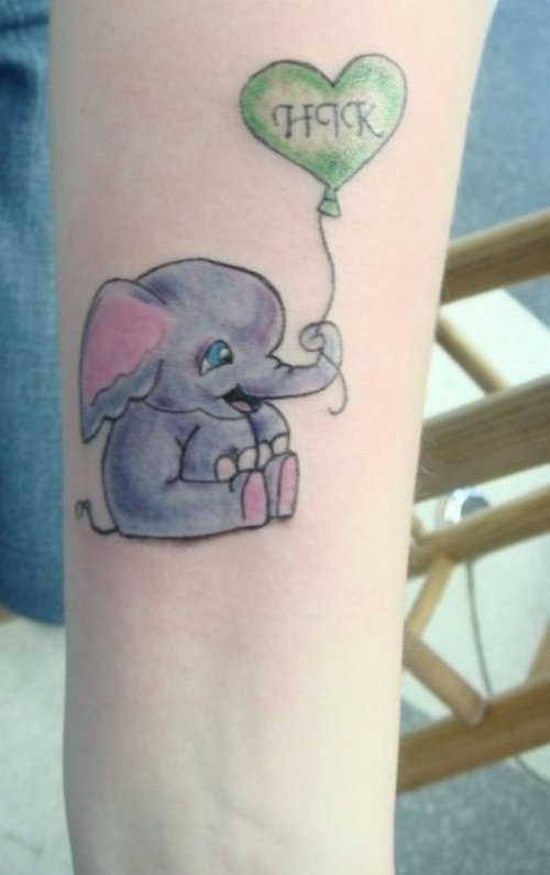 Cute Little Elephant Tattoo With Green Balloon