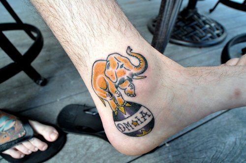 Colored Circus Elephant Tattoo On Ankle