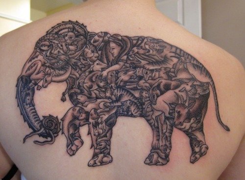 Grey Ink Animals In Elephant Tattoo On Back