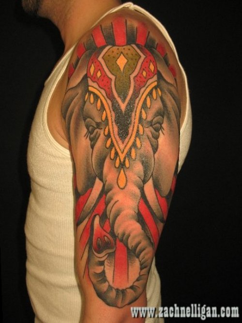 Beautiful Colored Elephant Tattoo On Left Sleeve
