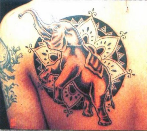Grey Mandala Flower And Elephant Tattoo On Back Shoulder