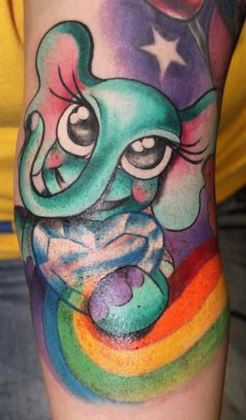 Awesome Colored Rainboe And Blue Elephant Tattoo