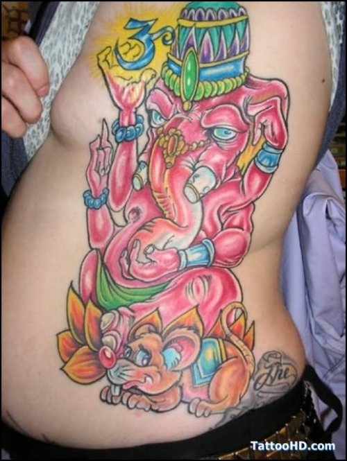 Colourful Elephant Tattoo On Side Rib