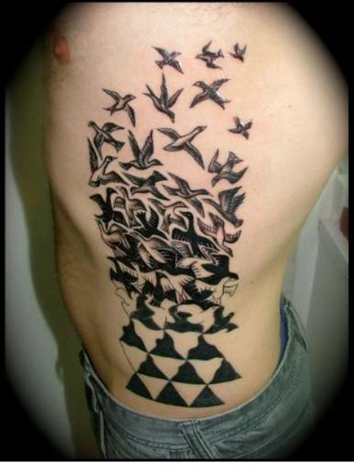 Black And Grey Escher Tattoos On Side Rib