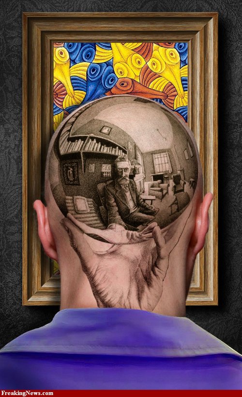 Grey Ink Escher Tattoo On Head