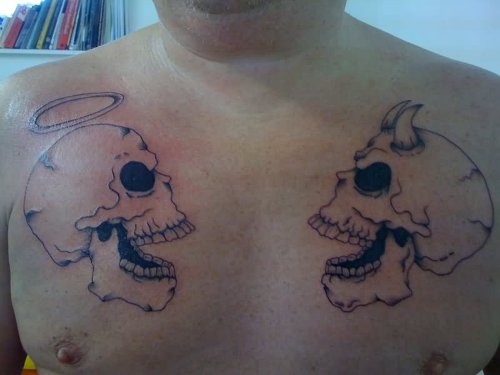 Angel And Evil Skulls Tattoos On Chest