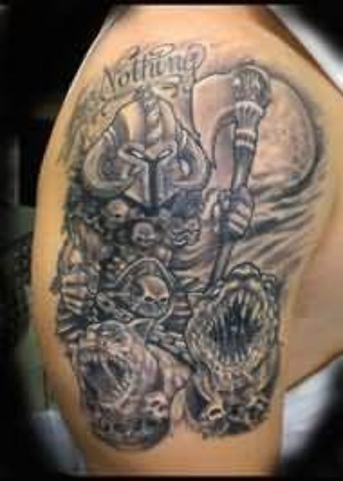 Grey Ink Right Shoulder Evil Tattoo